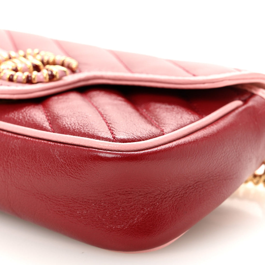 Gucci Azalea Calfskin Enamel Matelasse Diagonal Super Mini Torchon GG Marmont Shoulder Bag New Cherry Red Wild Rose