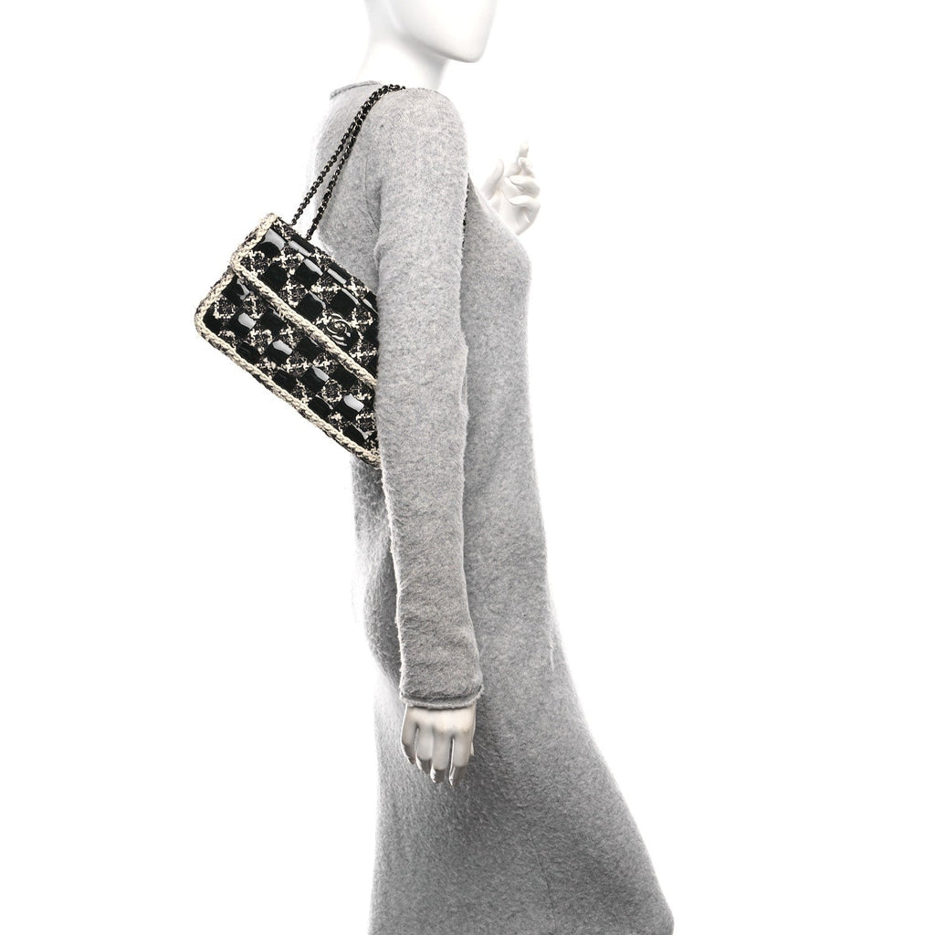 Chanel Tweed Patent Quilted Rectangular Flap Black White