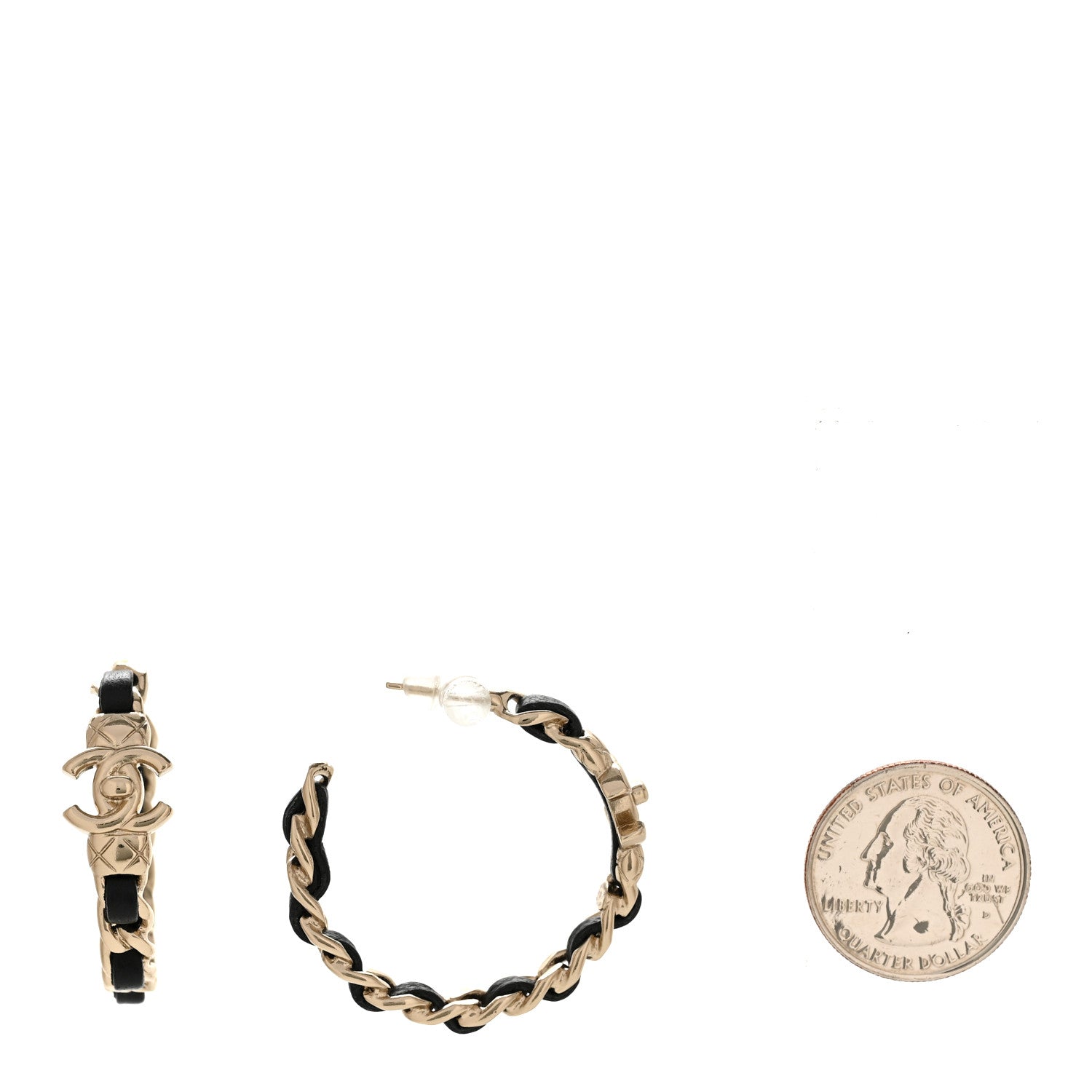 Metal Lambskin Quilted CC Turnlock Chain Hoop Earrings Gold Black