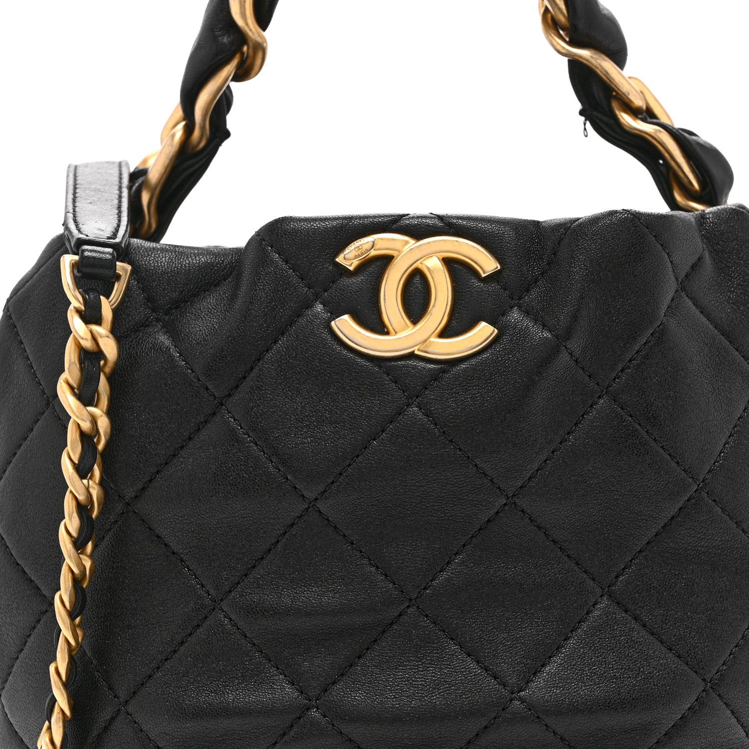Chanel Shiny Lambskin Quilted Small Chain Is More Drawstring Bag Black