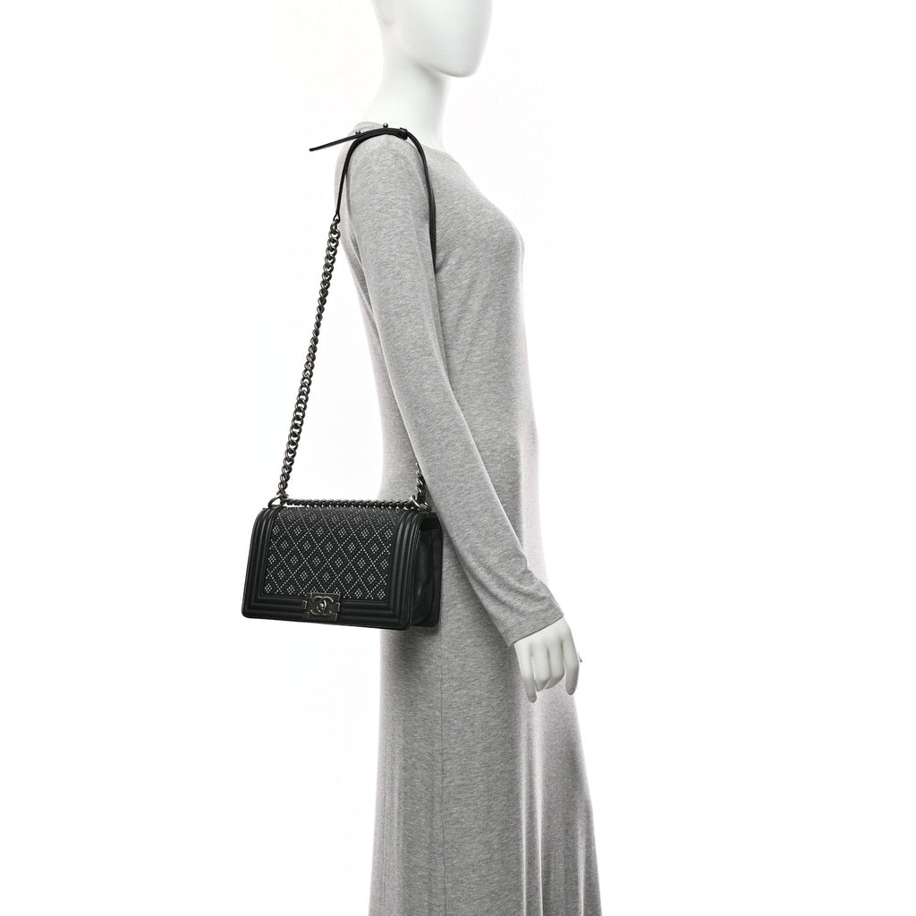 Chanel Calfskin Crystal Studded Quilted Medium Boy Flap  Black
