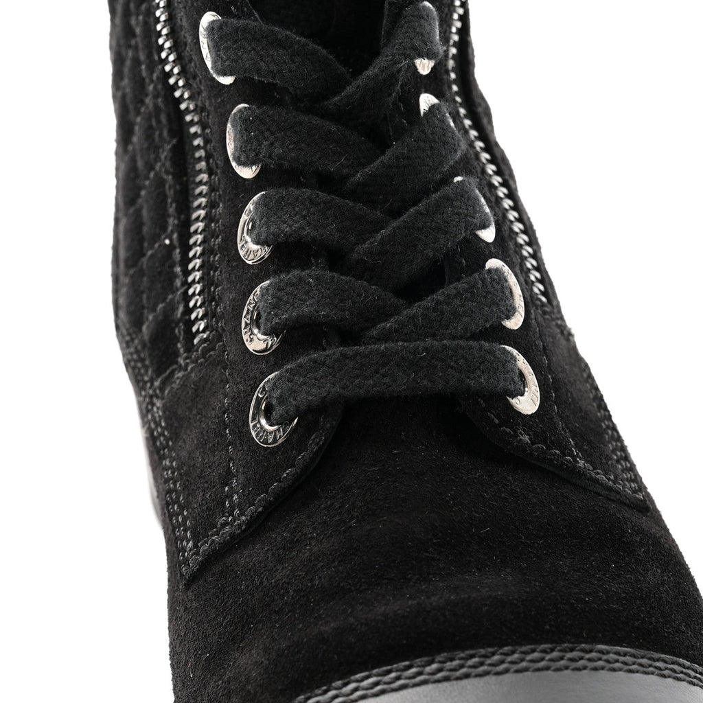 Chanel Suede Calfskin Quilted Lace Up Boots 38 Black