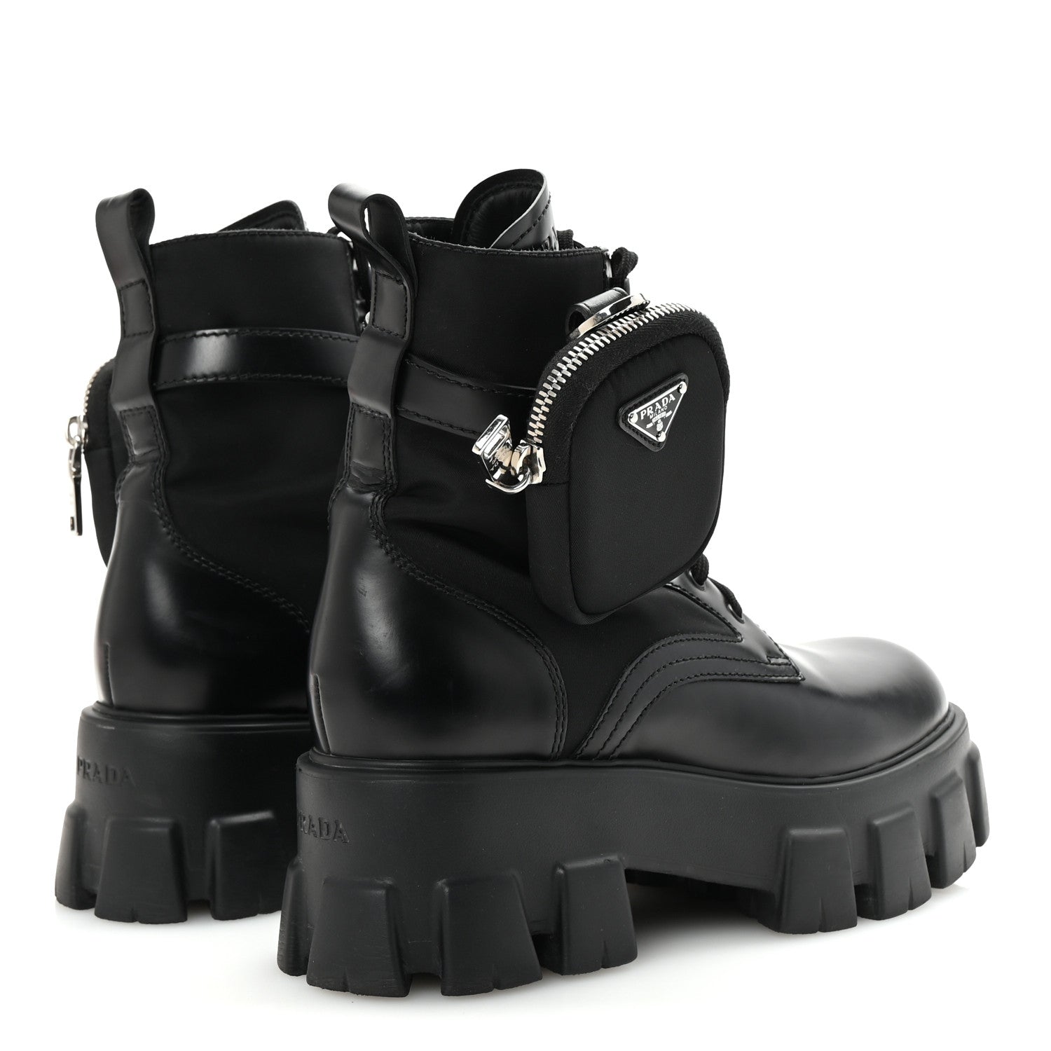 Prada Spazzolato Rois Nylon Metal Triangle Logo Monolith Pouch Pocket 55mm Boots 38 Black