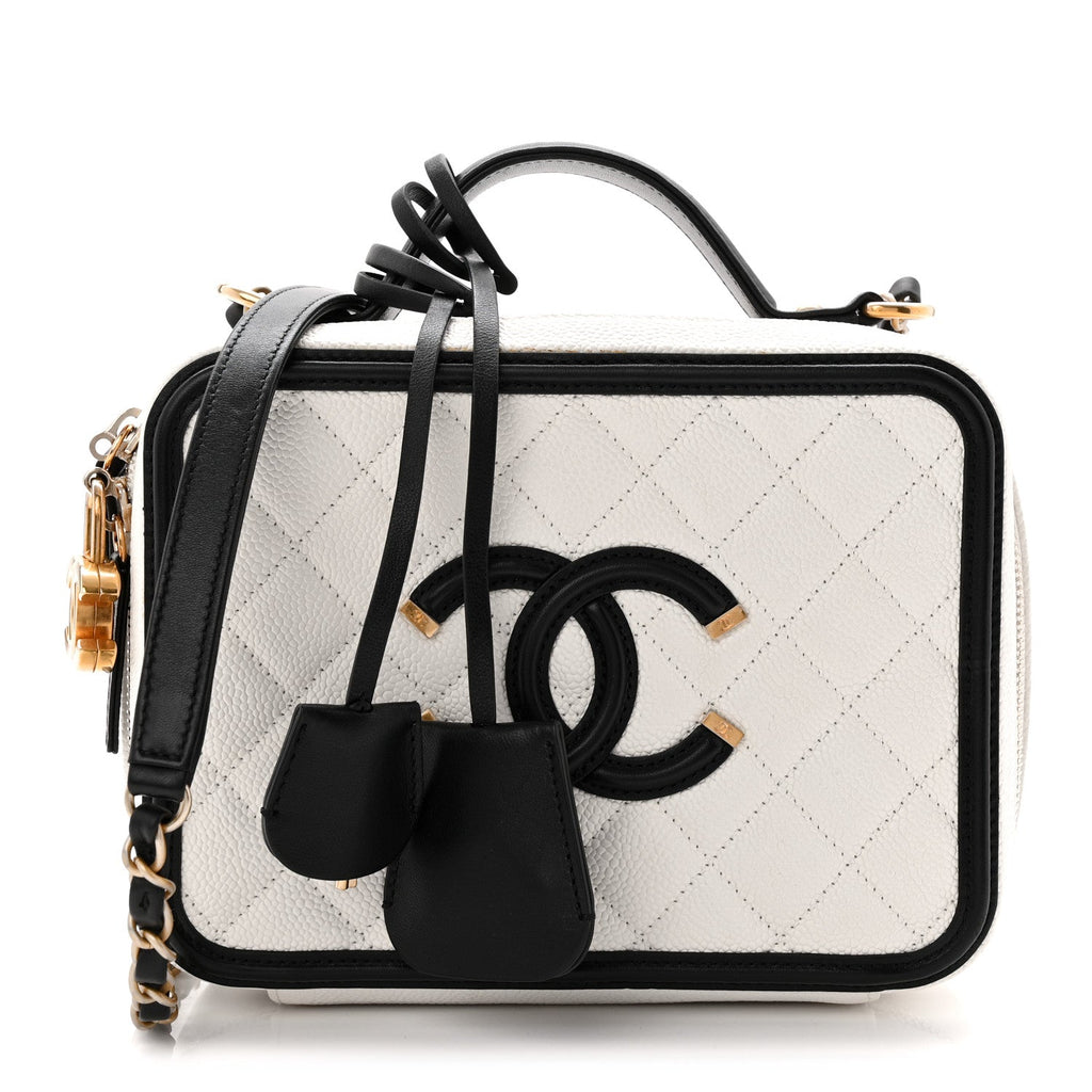 Chanel Caviar Quilted Medium CC Filigree Vanity Case White Black