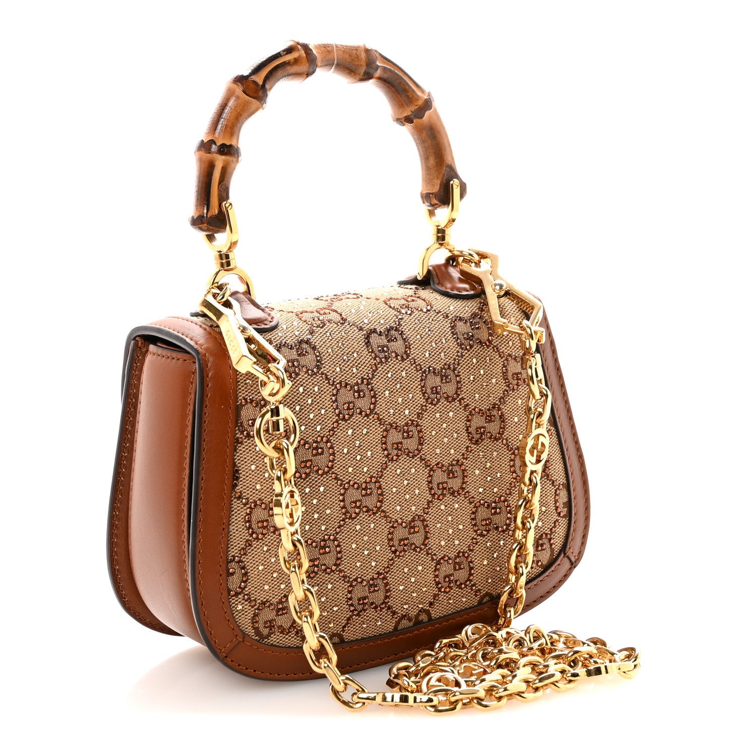 Gucci New Canvas Charisma Calfskin Crystal GG Monogram Small Bamboo 1947 Top Handle Bag Camel Ebony