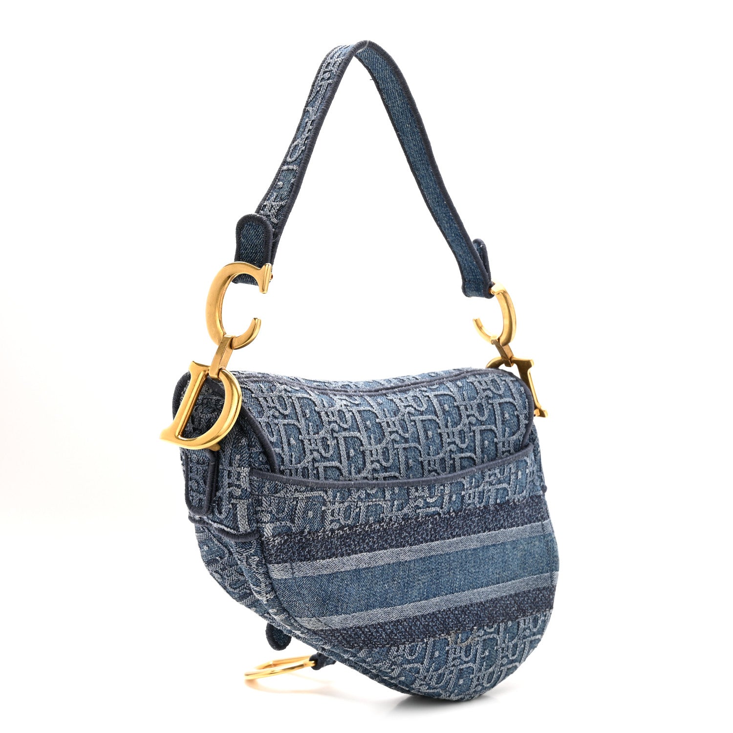 Christian Dior Oblique Embroidered Saddle Bag Denim Blue