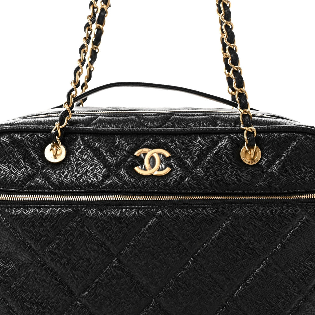 Chanel Shiny Grained Calfskin Quilted Travel Bowling Bag Black