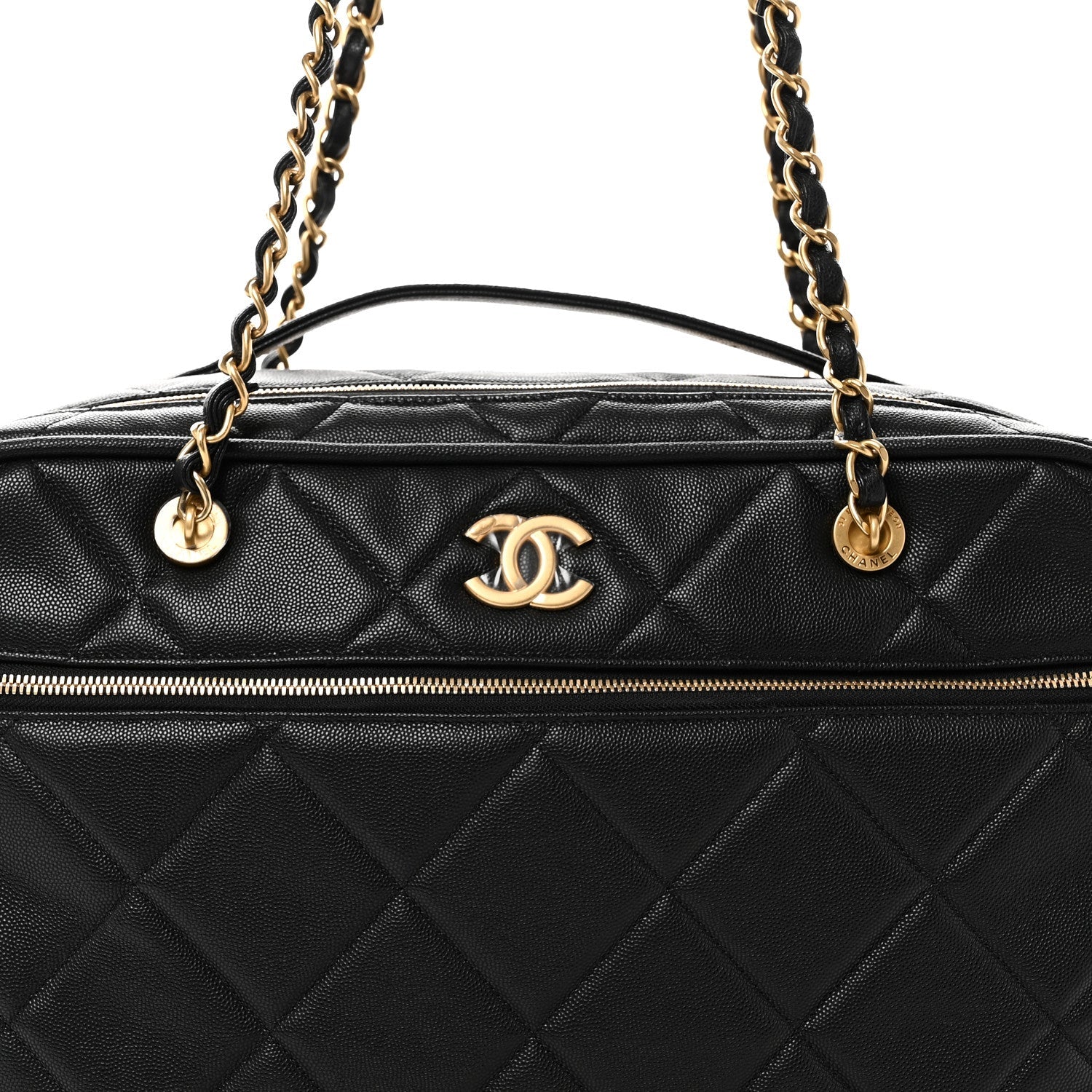 Chanel Shiny Grained Calfskin Quilted Travel Bowling Bag Black