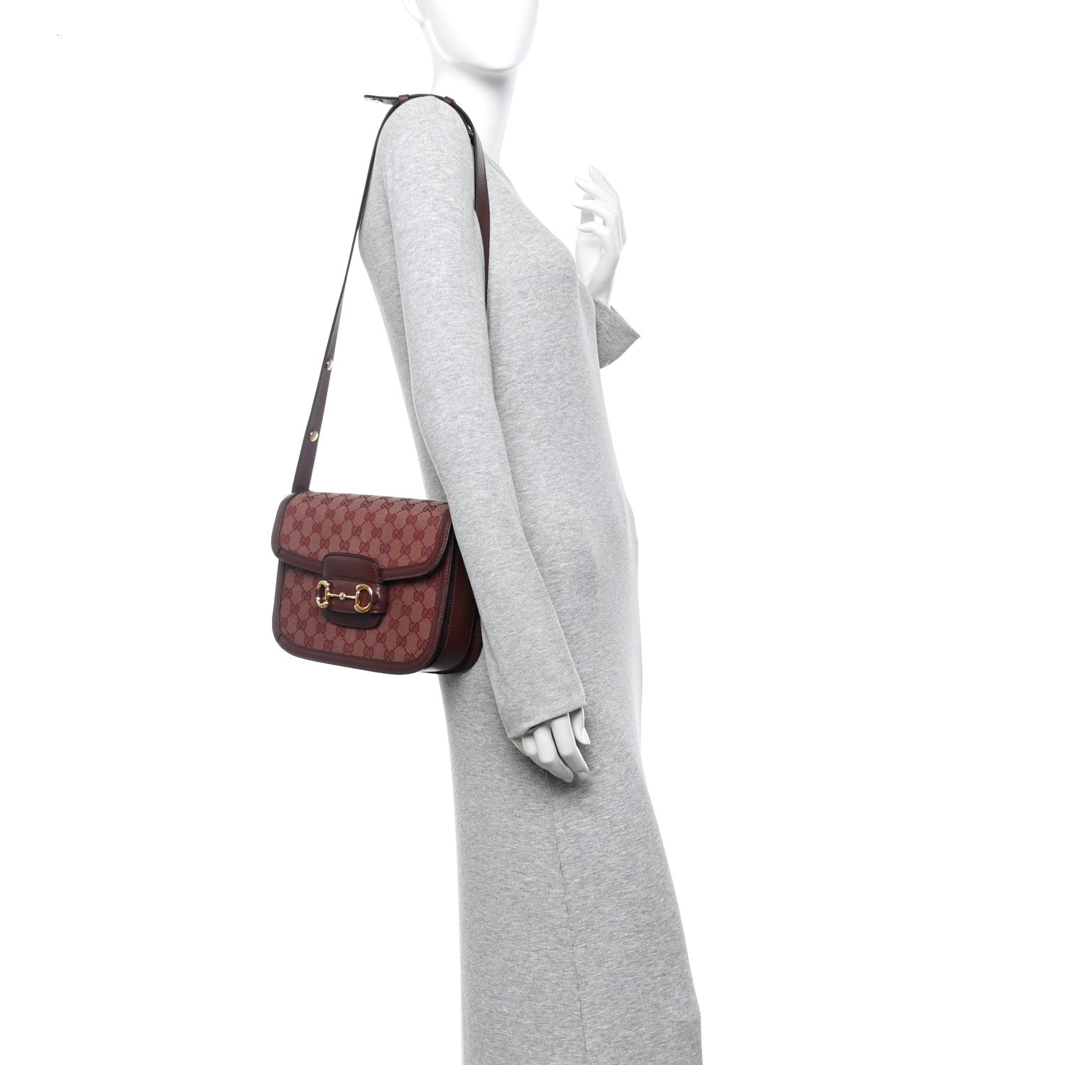 Gucci Monogram Textured Dollar Calfskin Horsebit 1955 Shoulder Bag Sahara Rubino Chardonnay