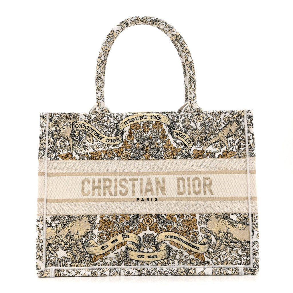 Christian Dior Canvas Embroidered Medium Around The World Book Tote Gold
