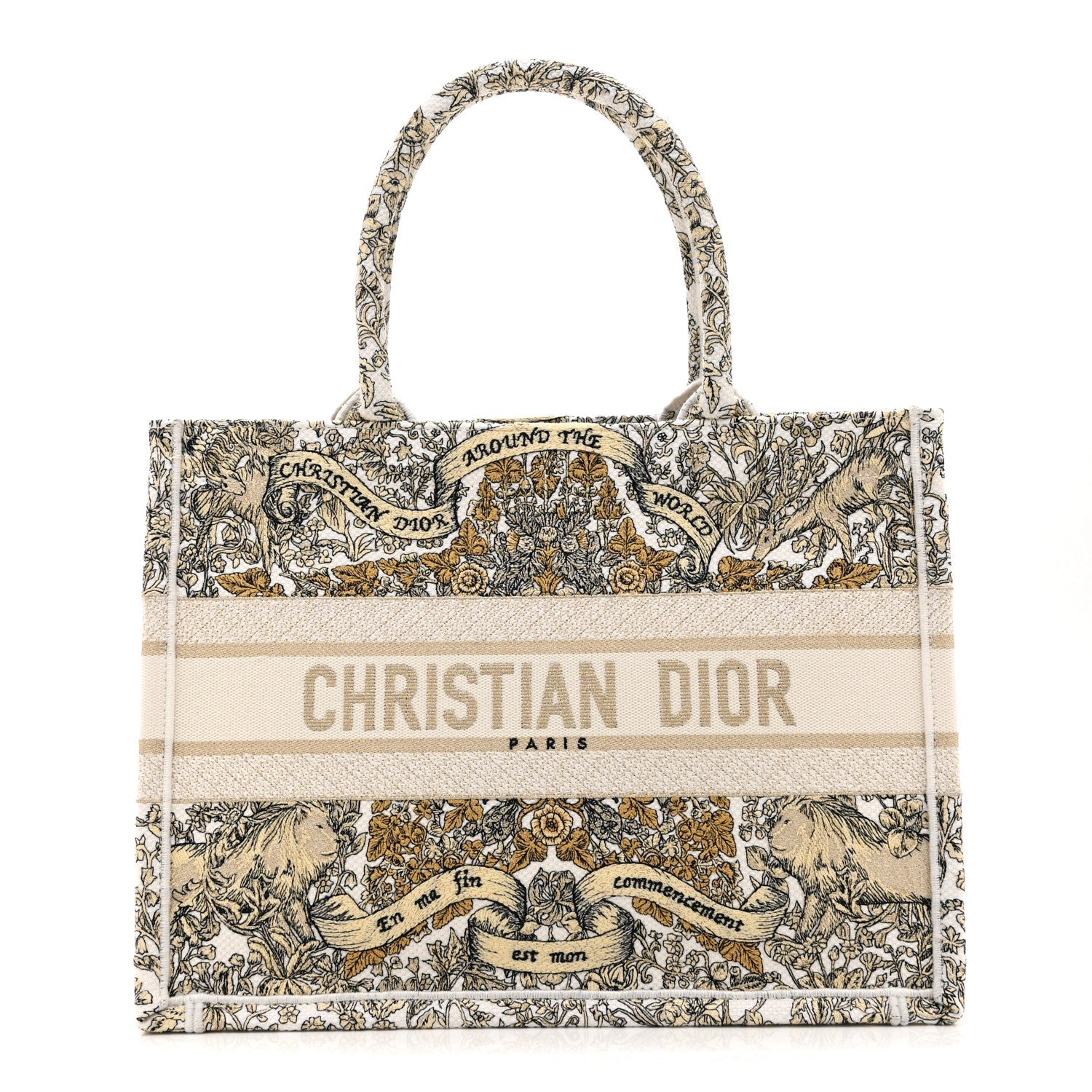 Christian Dior Canvas Embroidered Medium Around The World Book Tote Gold