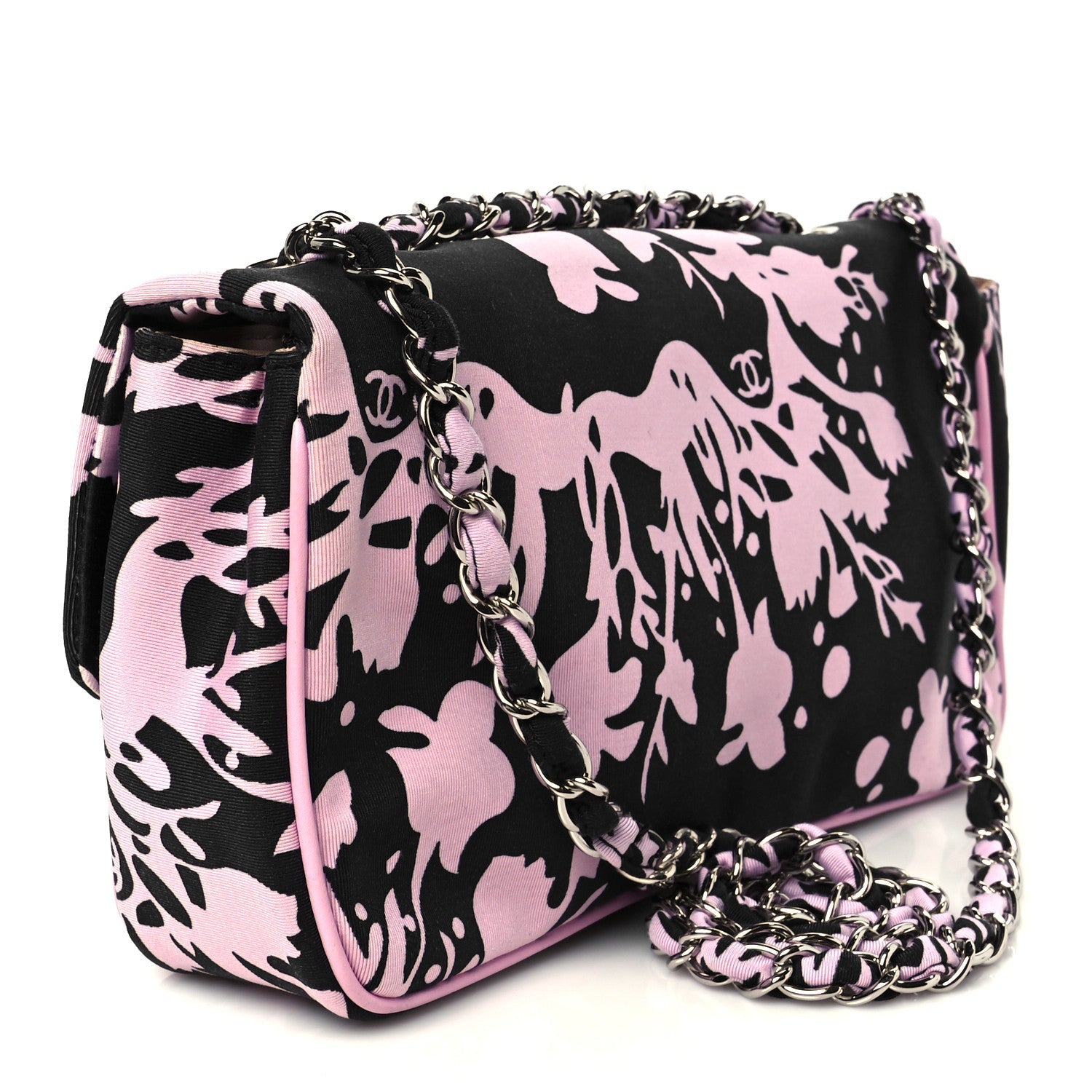 Chanel Printed Fabric East West Flap Black Pink
