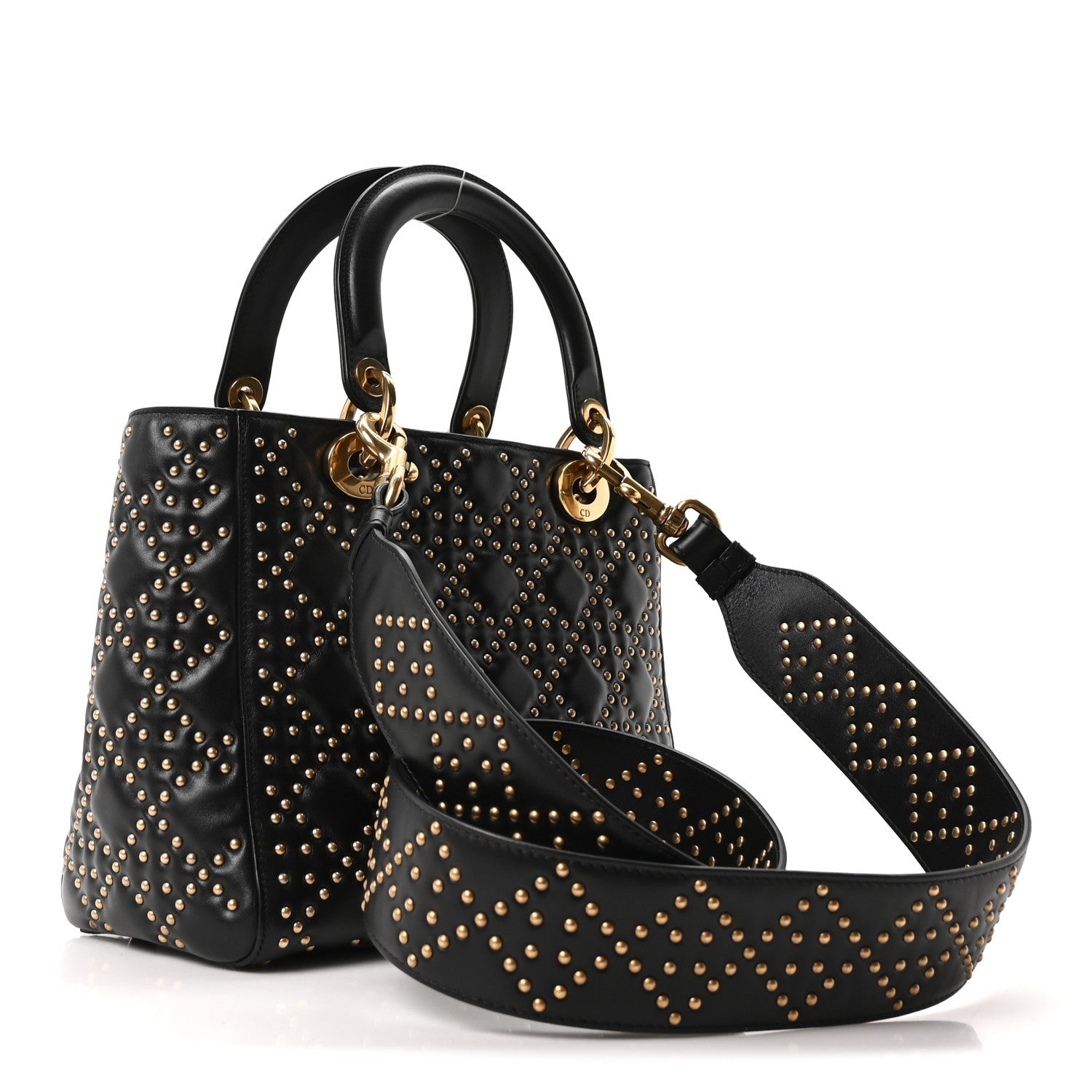 Christian Dior Calfskin Cannage Studded Medium Supple Lady Dior Black