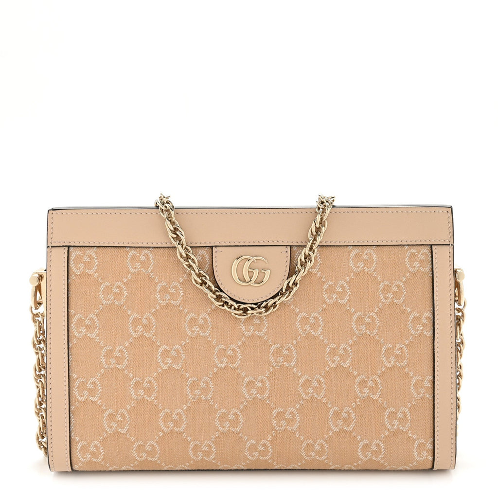 Gucci Denim Calfskin GG Monogram Small Ophidia Chain Shoulder Bag Light Beige