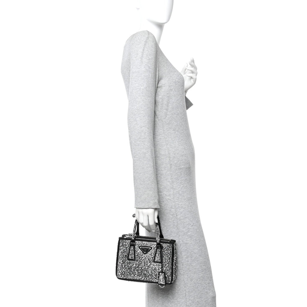 Prada Satin Crystal Mini Galleria Double Zip Tote Metal