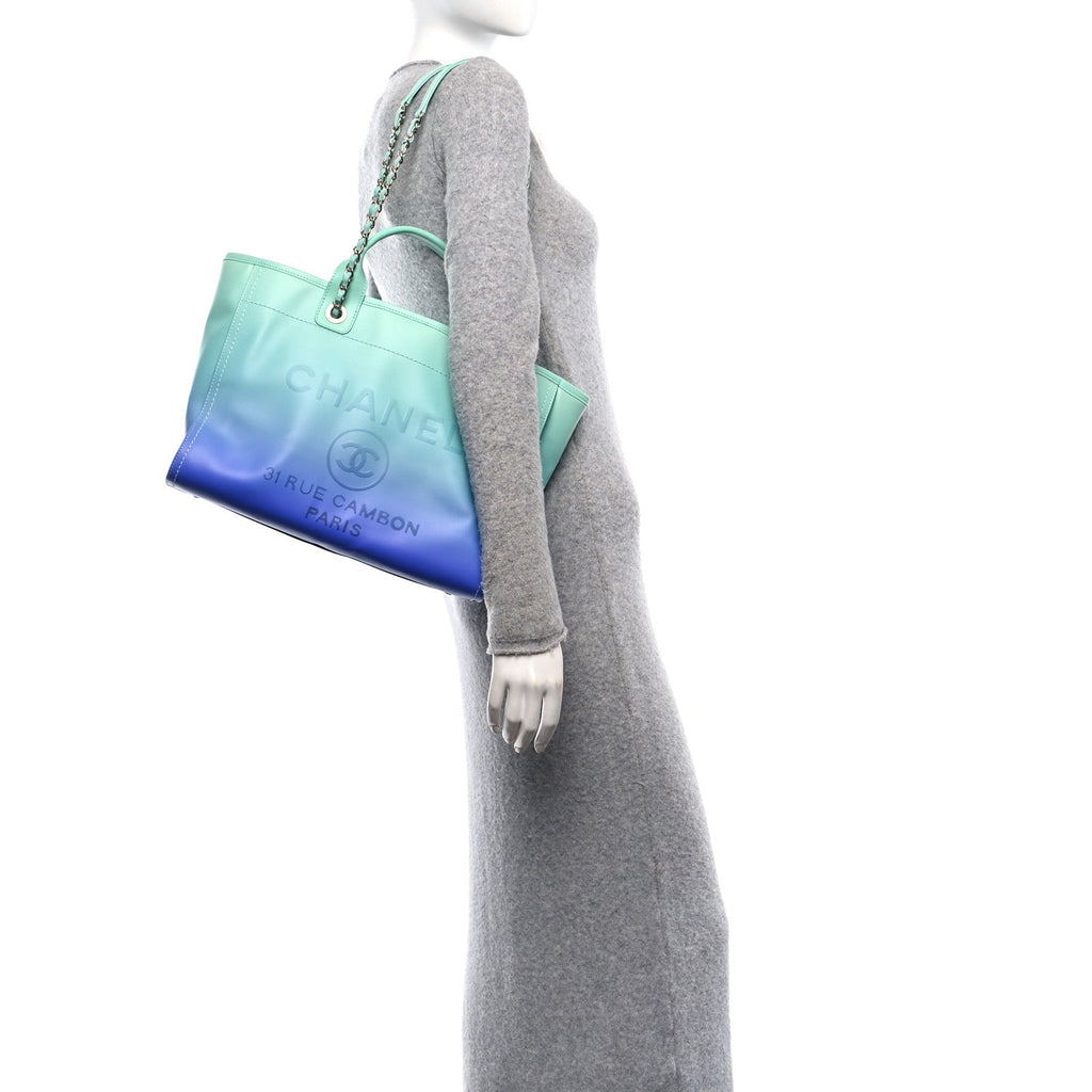 Chanel Shaded Calfskin Small Deauville Tote Light Green Turquoise Purple
