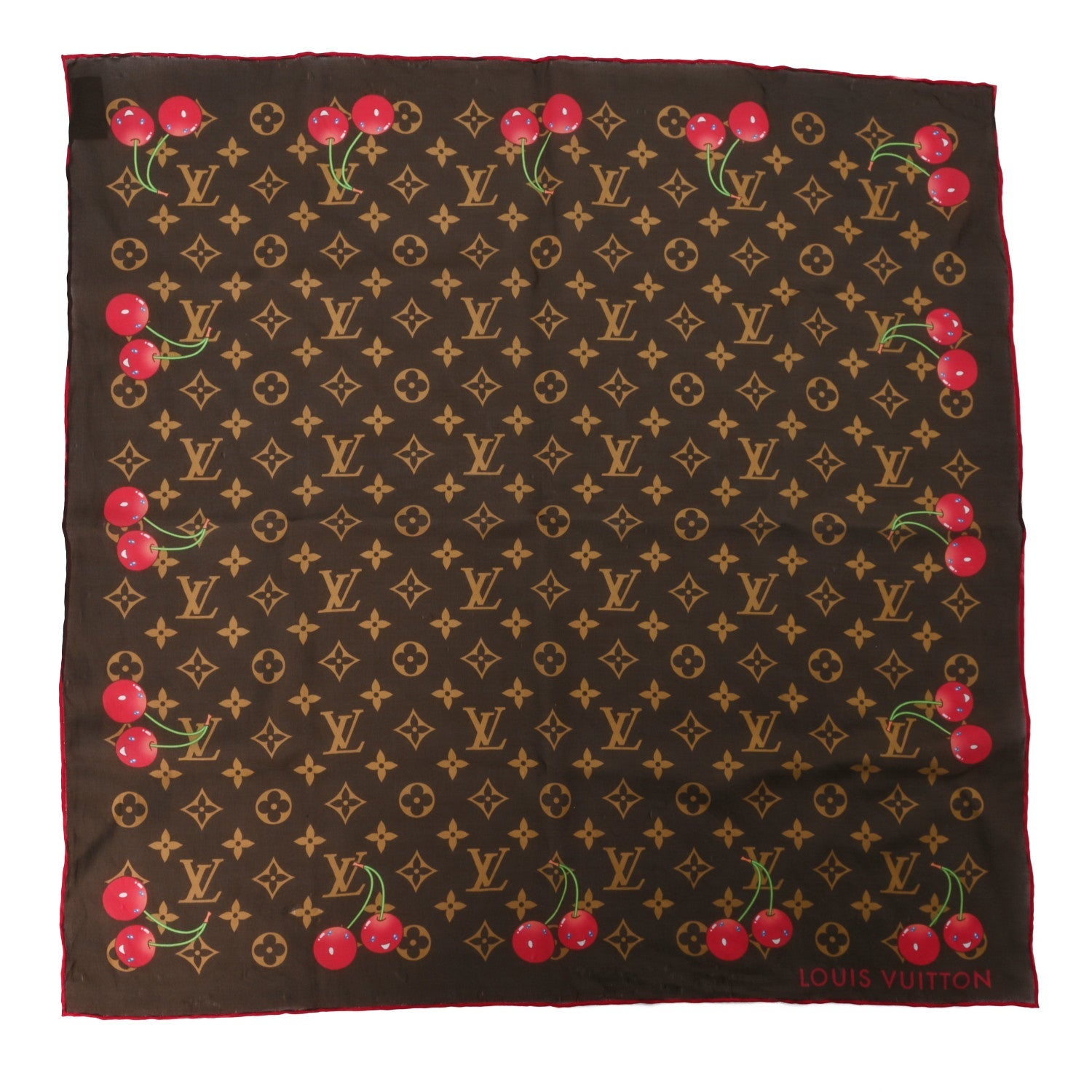 Louis Vuitton LV X TM Silk Cotton Monogram Cerises Square Scarf 55 Brown