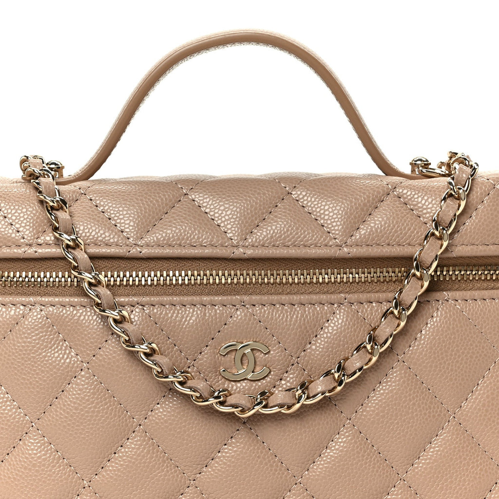 Chanel Caviar Quilted Top Handle Slim Vanity With Chain Dark Beige