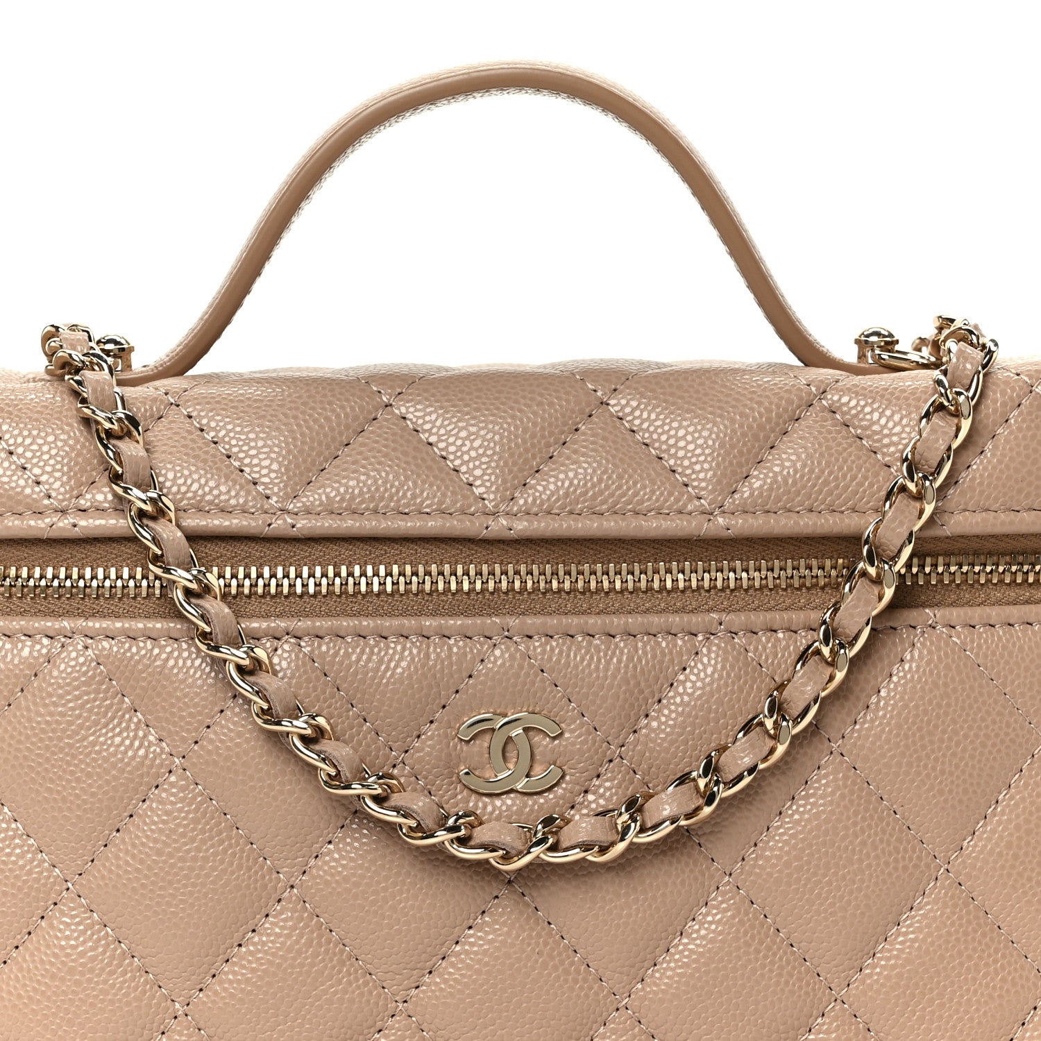 Chanel Caviar Quilted Top Handle Slim Vanity With Chain Dark Beige