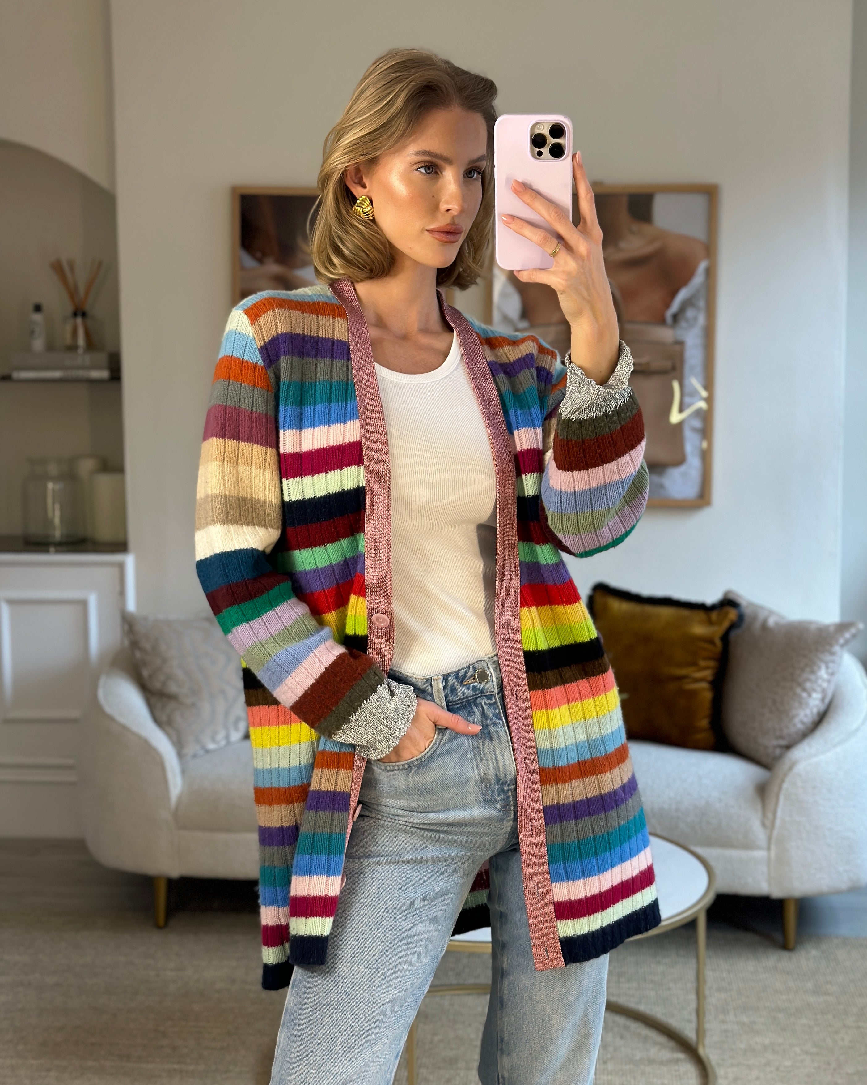Gucci Multicoloured Cashmere Cardigan with Metallic Cuff & Collar Detail Size XL (UK 10-14)
