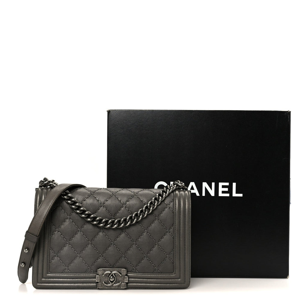 Chanel Calfskin Double Stitch New Medium Boy Flap Grey