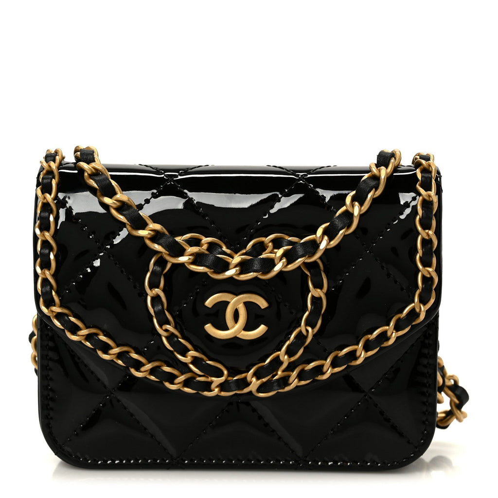 Chanel Patent Quilted Chain Around Heart Mini Chain Flap Black