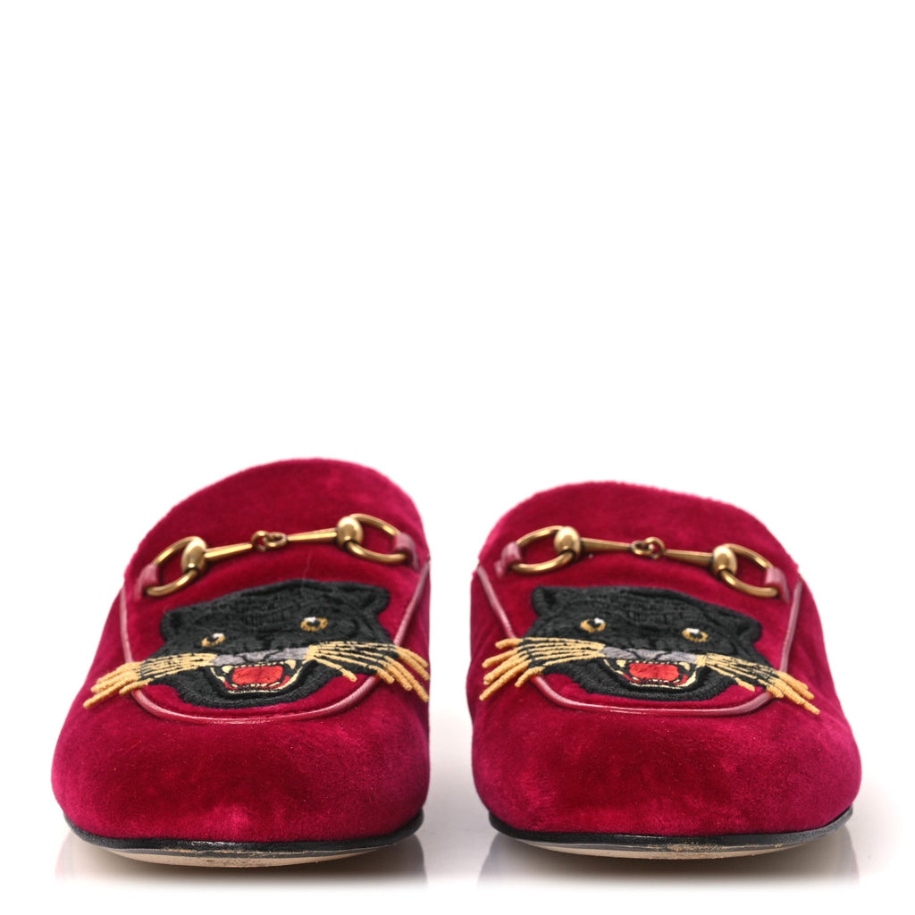 Gucci Velvet Panther Embroidered Womens Princetown Slippers 38 Raspberry Sherbet