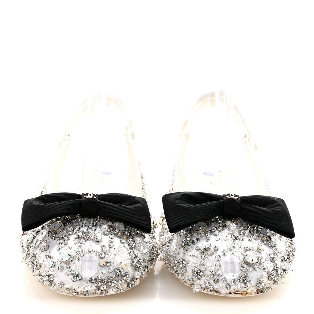 Satin Crystal Lambskin Grosgrain Bow CC Slingback Flats 38.5 White Black