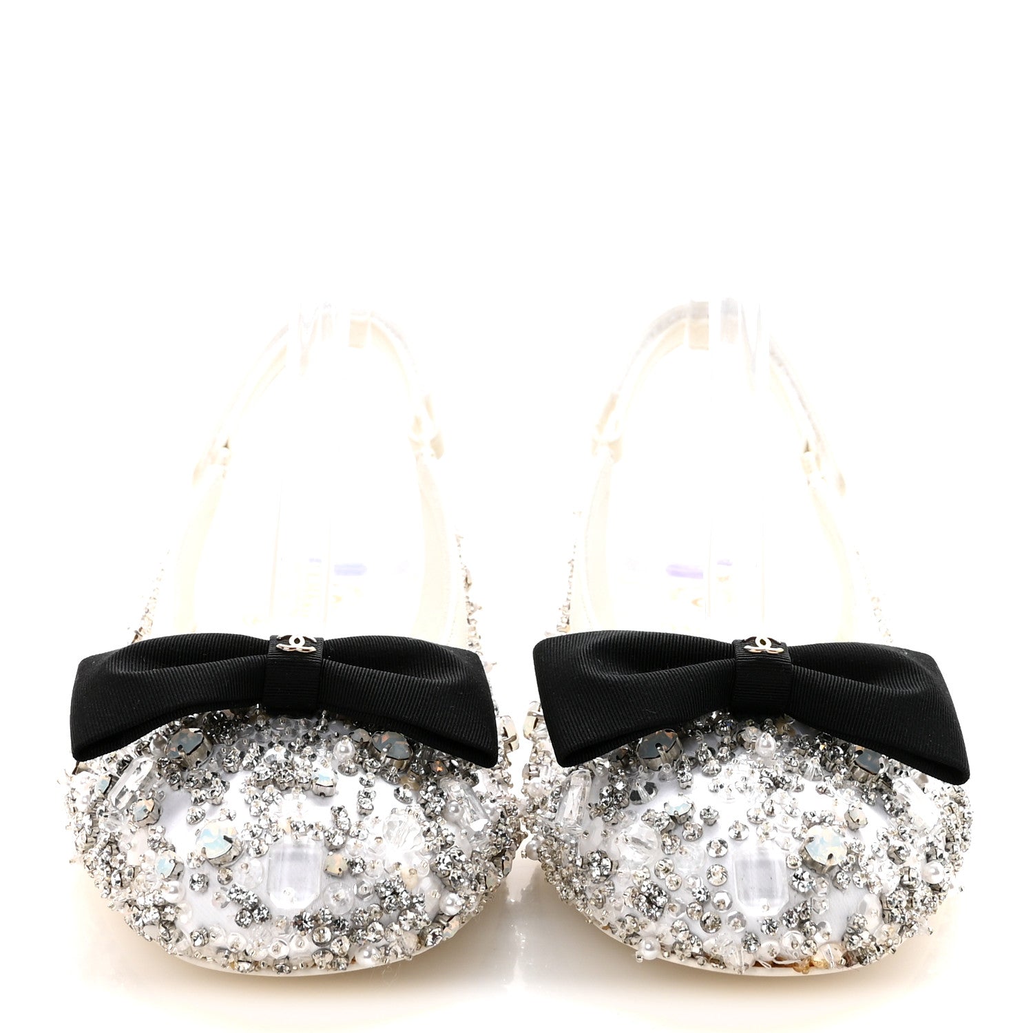 Satin Crystal Lambskin Grosgrain Bow CC Slingback Flats 38.5 White Black