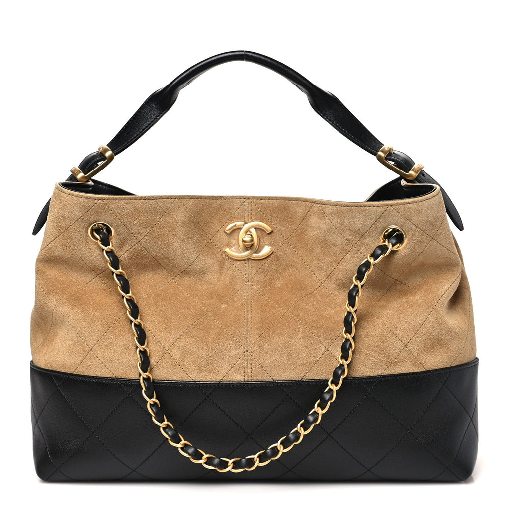 Chanel Suede Calfskin Shiny Lambskin Quilted Small Coco Base Shopping Bag Beige Black
