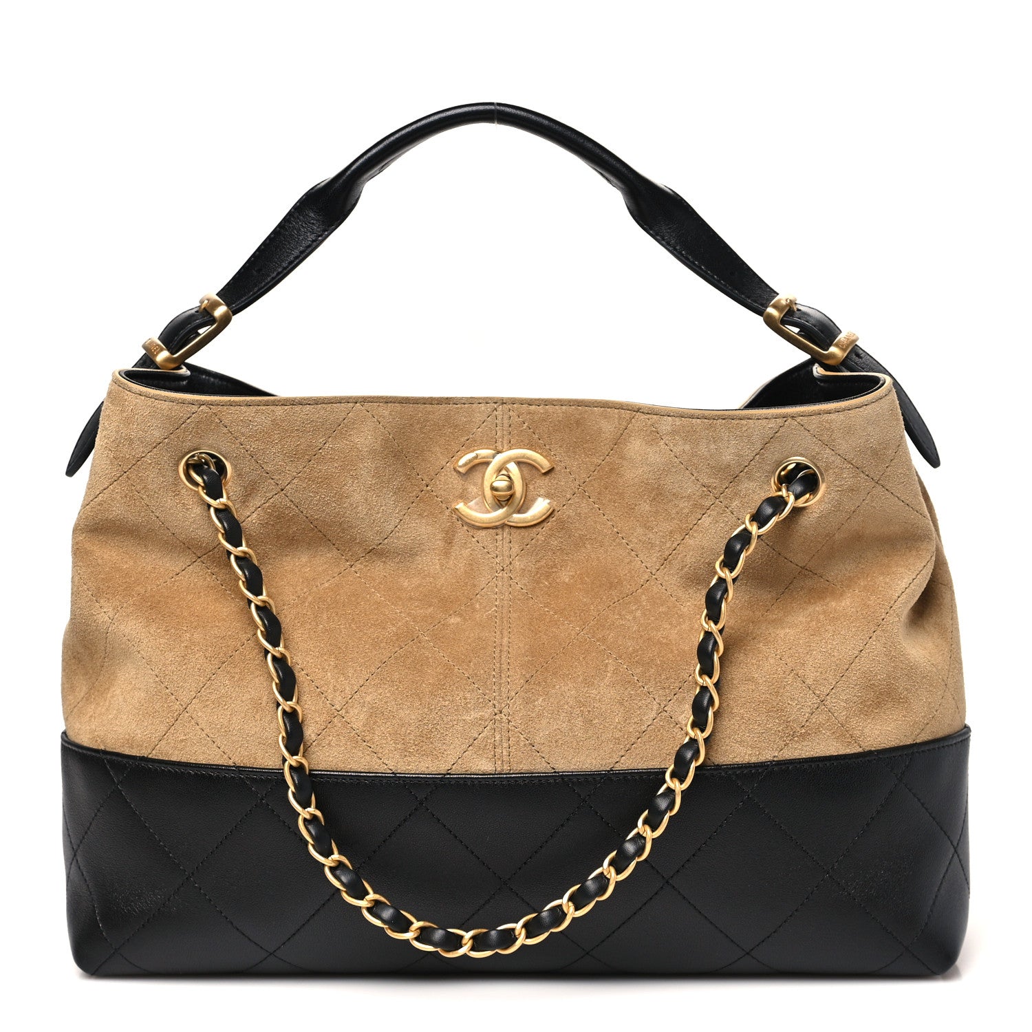 Chanel Suede Calfskin Shiny Lambskin Quilted Small Coco Base Shopping Bag Beige Black
