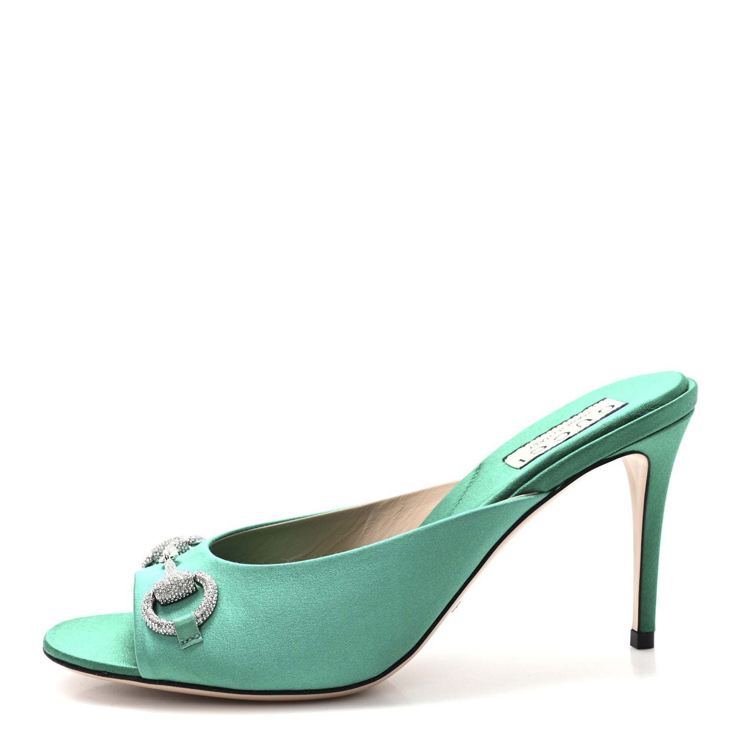 Gucci Raso Seta Malaga Kid Crystal Horsebit Sandals 37.5 Jade Caribbean Green