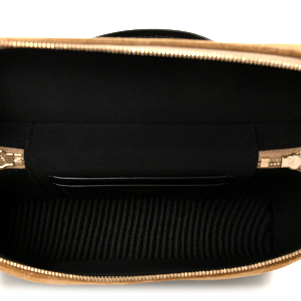 Chanel Suede Calfskin Shiny Lambskin Stitched Top Handle Slim Vanity With Chain Beige Black