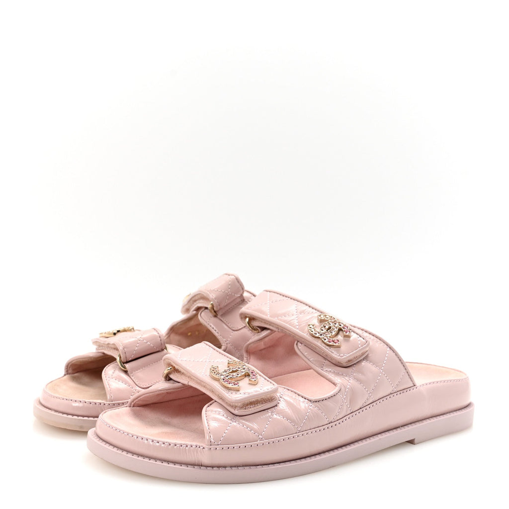 Chanel Shiny Calfskin Crystal Quilted Velcro Dad CC Slide Sandals 39 Light Pink