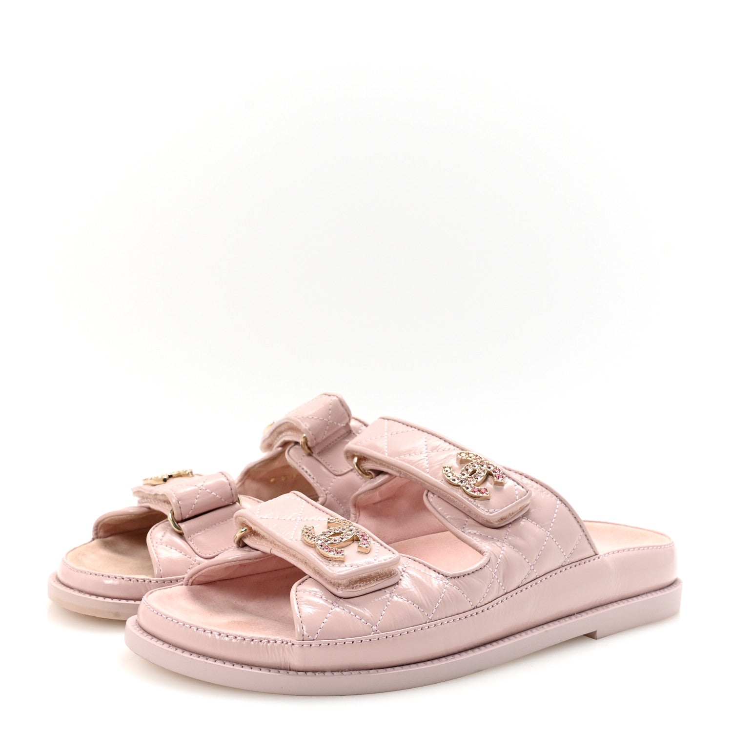 Chanel Shiny Calfskin Crystal Quilted Velcro Dad CC Slide Sandals 39 Light Pink