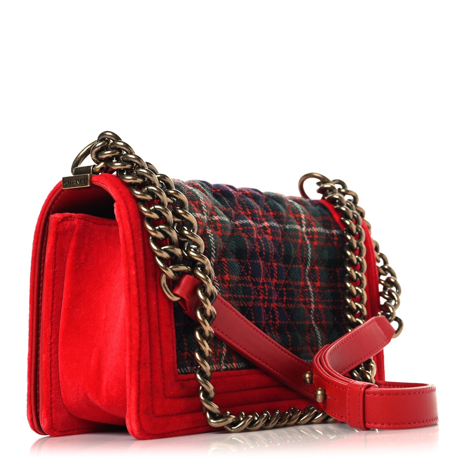 Chanel Velvet Plaid Tartan Quilted Medium Boy Flap Red