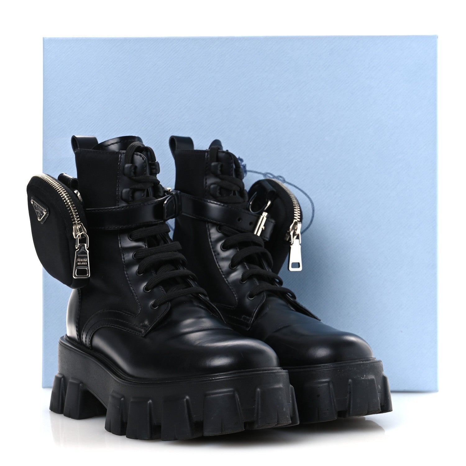 Prada Spazzolato Rois Nylon Metal Triangle Logo Monolith Pouch Pocket 55mm Boots 37 Black