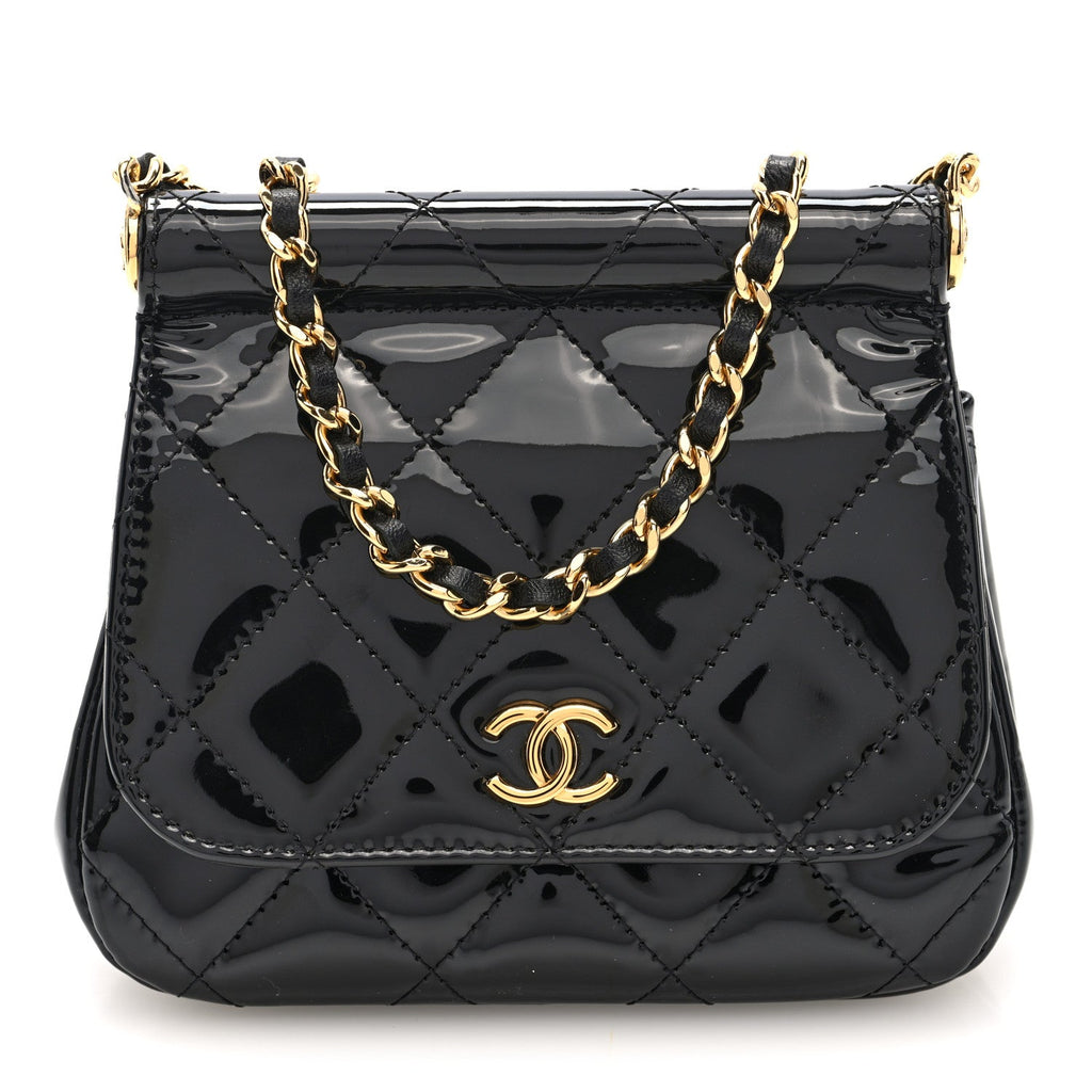 Chanel Patent Quilted Frame Clutch Flap With Chain Black