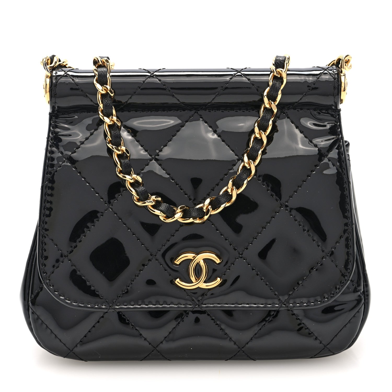 Chanel Patent Quilted Frame Clutch Flap With Chain Black