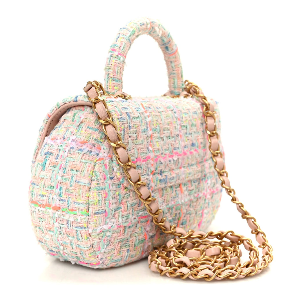 Chanel Tweed Quilted Baywatch Top Handle Flap Light Pink Green Orange Purple