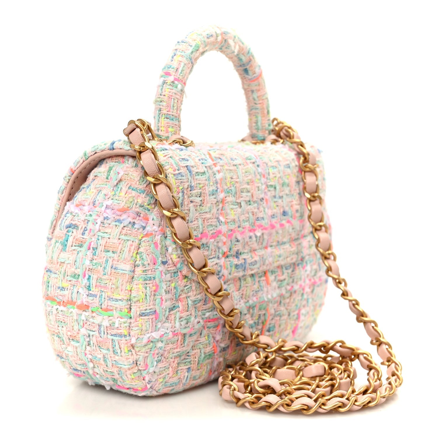 Chanel Tweed Quilted Baywatch Top Handle Flap Light Pink Green Orange Purple