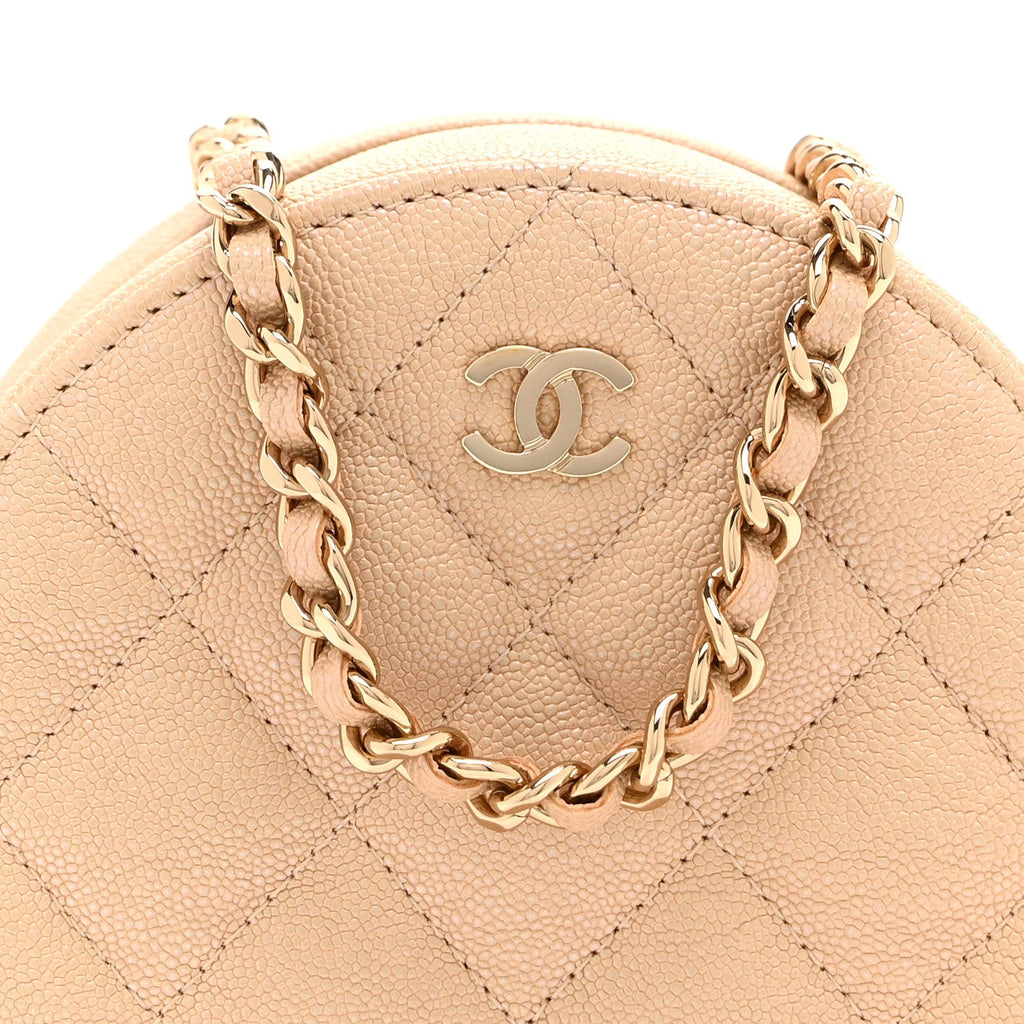 Chanel Iridescent Caviar Quilted Round Clutch With Chain Beige