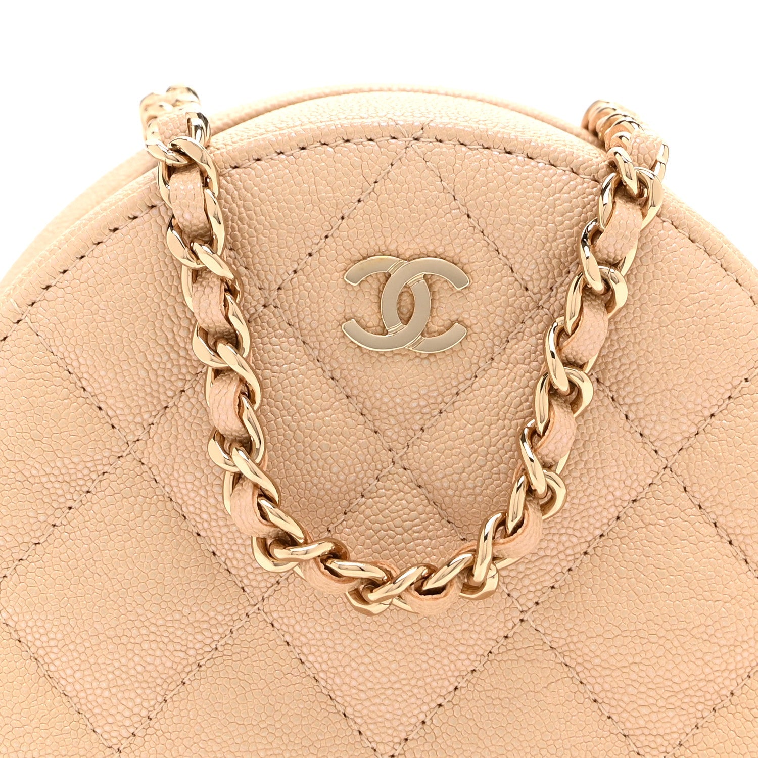 Chanel Iridescent Caviar Quilted Round Clutch With Chain Beige