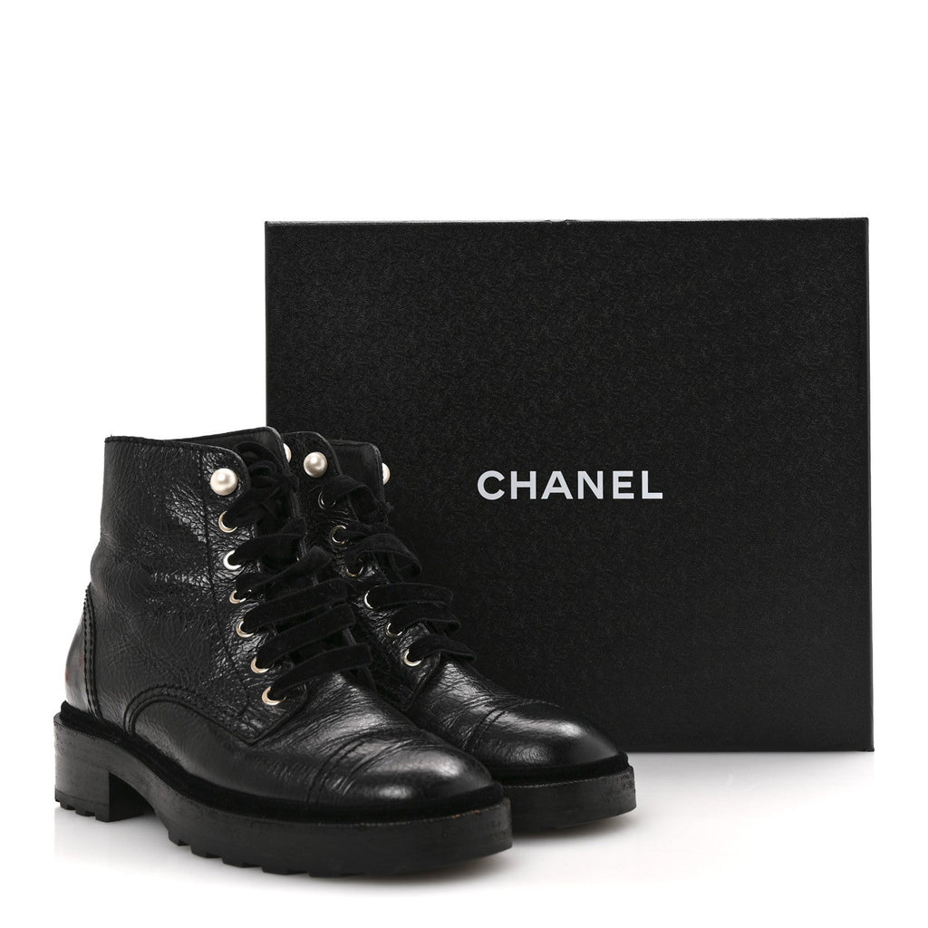 Chanel Shiny Calfskin Velvet Pearl Combat Short Boots 36 Black