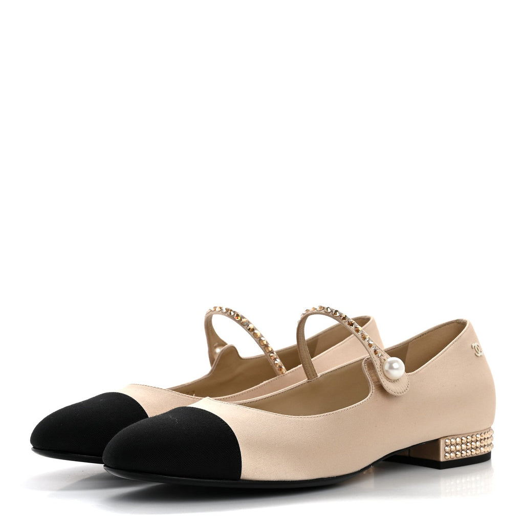 Chanel Strass Satin Grosgrain Mary Jane Flats 38.5 Beige Black