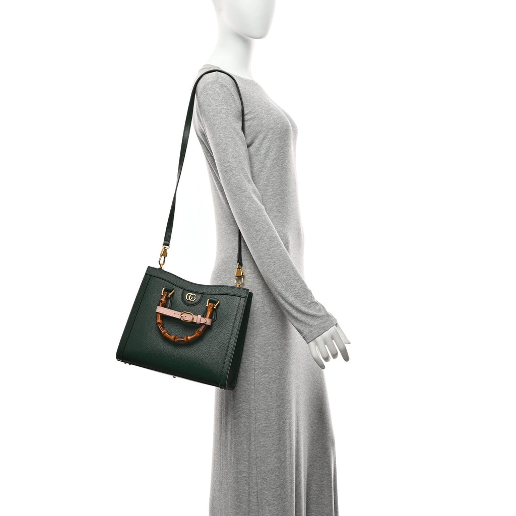 Gucci Textured Dollar Calfskin Web Small Diana Tote Bag Vintage Green Powder Pink