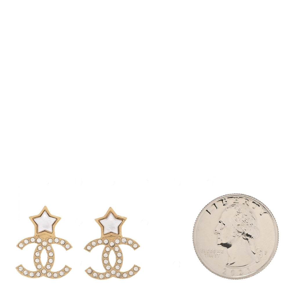 Metal Crystal Pearl CC Star Earrings Gold Pearly White