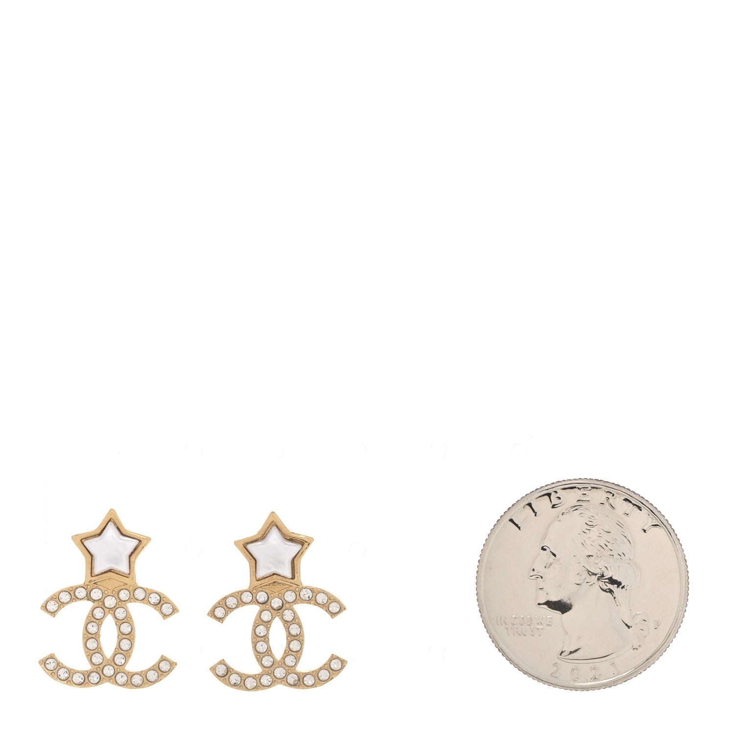 Metal Crystal Pearl CC Star Earrings Gold Pearly White