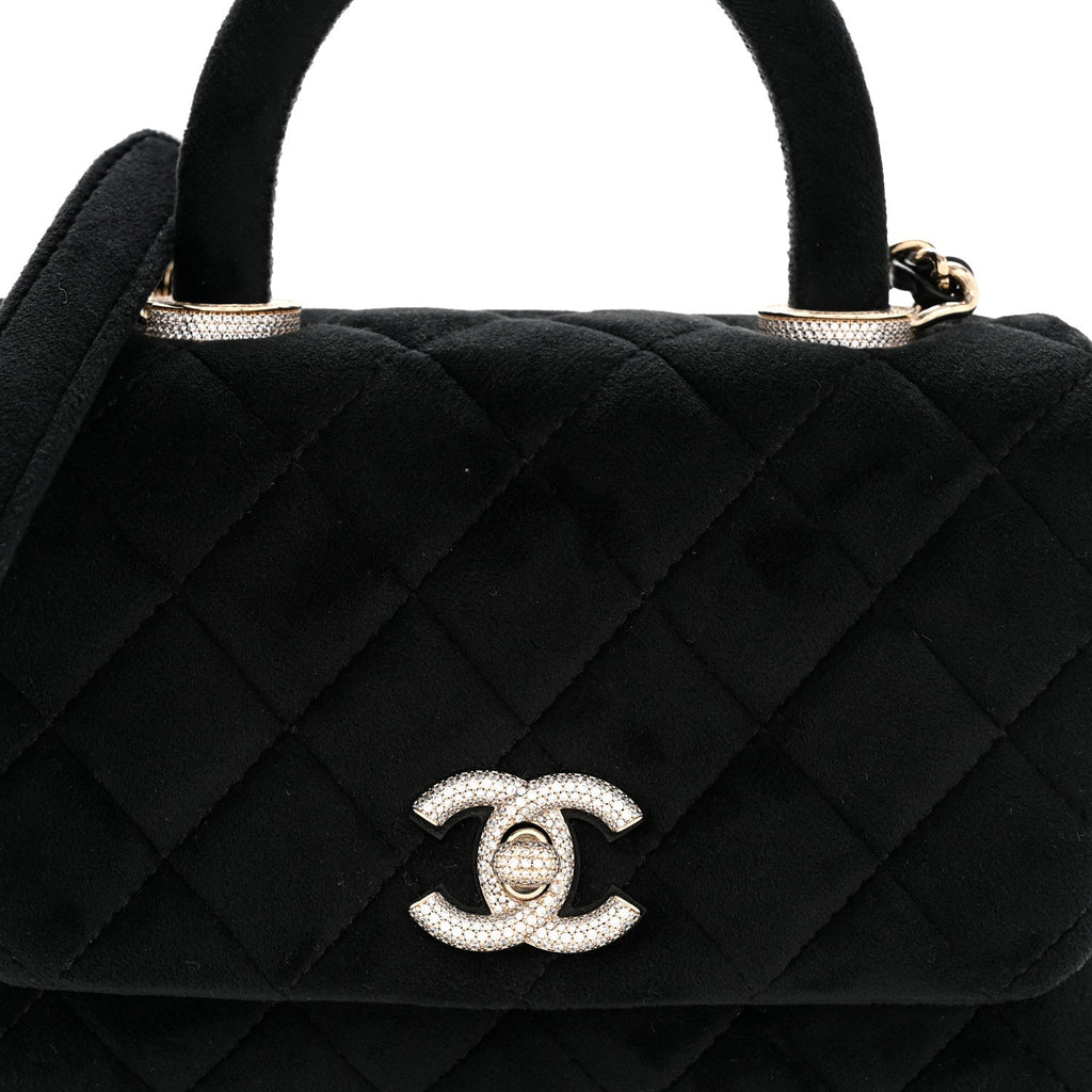 Chanel Velvet Crystal Quilted Extra Mini Coco Handle Flap Black