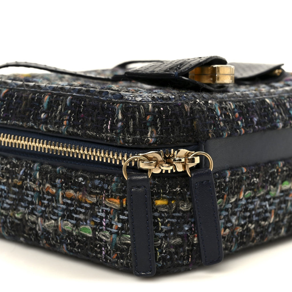 Chanel Tweed Snakeskin Quilted Medium CC Filigree Vanity Case Dark Navy